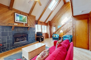 TV, fireplace, DVD player, video library