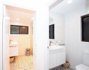 Hair dryer, towels, soap, toilet paper