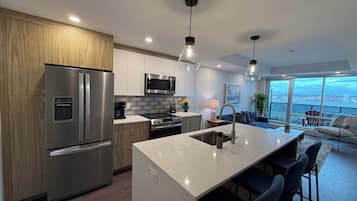 Frigorífico, microondas, horno y placa de cocina