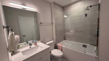 Une salle de bain moderne avec un meuble-lavabo blanc, des toilettes, une douche à parois de verre et un grand miroir.
