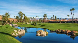 A golf course with a pond, palm trees, and buildings in the background.
