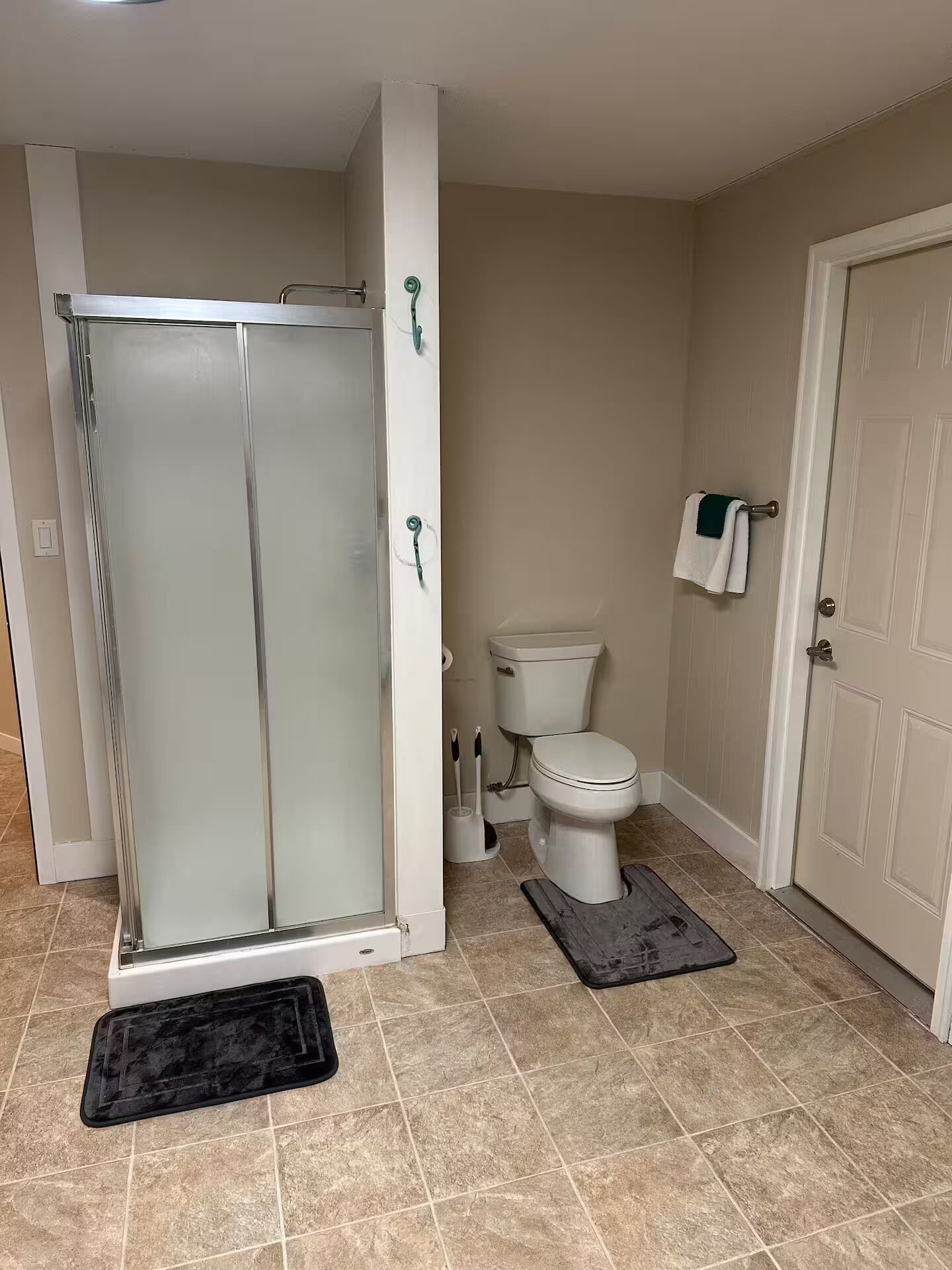 Shower, towels, soap, toilet paper