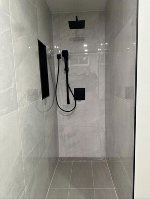 Shower, towels, soap, toilet paper