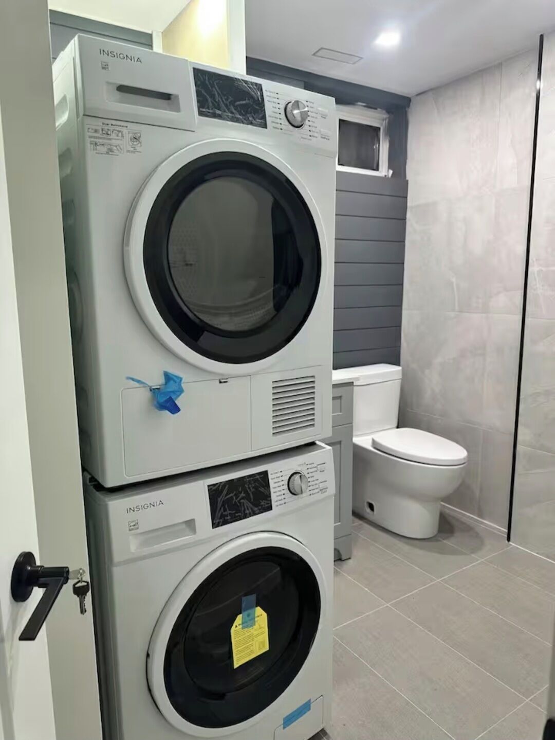 Shower, towels, soap, toilet paper