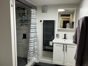 Hair dryer, towels, soap, toilet paper