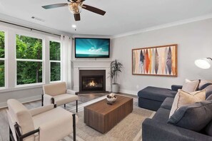 TV, fireplace, offices - The Central Nest | Brand-New 2025 Build | 6BR KING (Duluth)