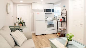 A compact living space with a kitchenette, a sofa, a small table, and a shelf with plants.