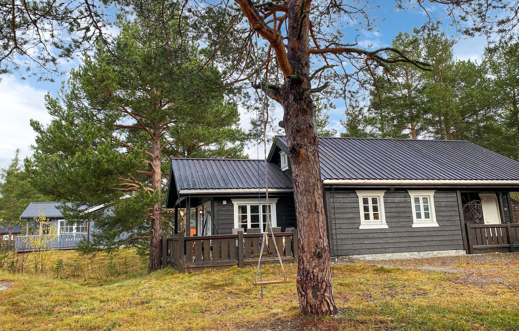 Une cabane rustique avec un toit en métal, un revêtement en bois et une véranda dotée d’une balançoire.