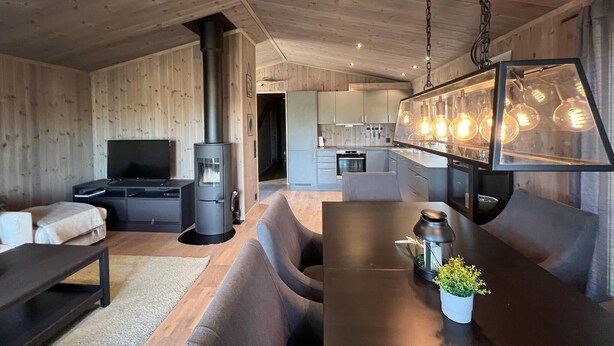 Ein modernes Wohnzimmer mit Sofa, Couchtisch und Fernseher. Es gibt einen Küchenbereich mit Schränken und einem Herd.