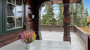 Une cabane en bois avec une véranda, un seau en métal et un pot de fleurs contenant des fleurs roses.