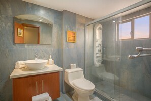 Hair dryer, towels, soap, toilet paper