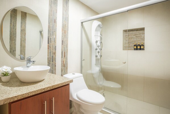 Hair dryer, towels, soap, toilet paper