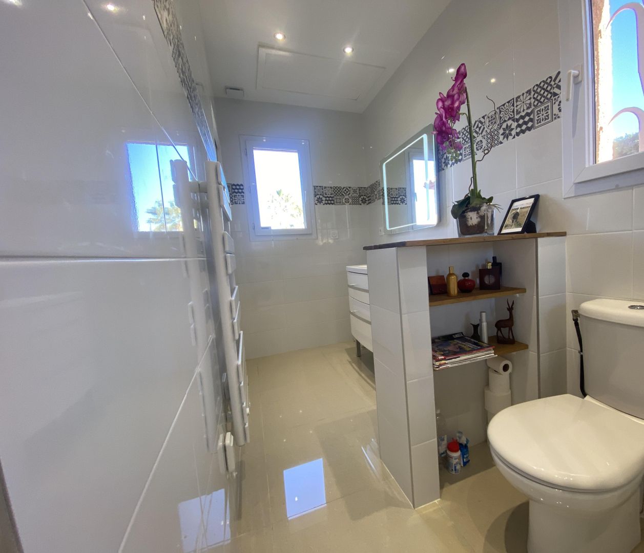 A modern bathroom with a toilet, a shower area, and a vanity with a mirror.