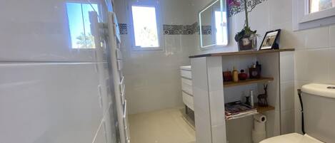 A modern bathroom with a toilet, a shower area, and a vanity with a mirror.