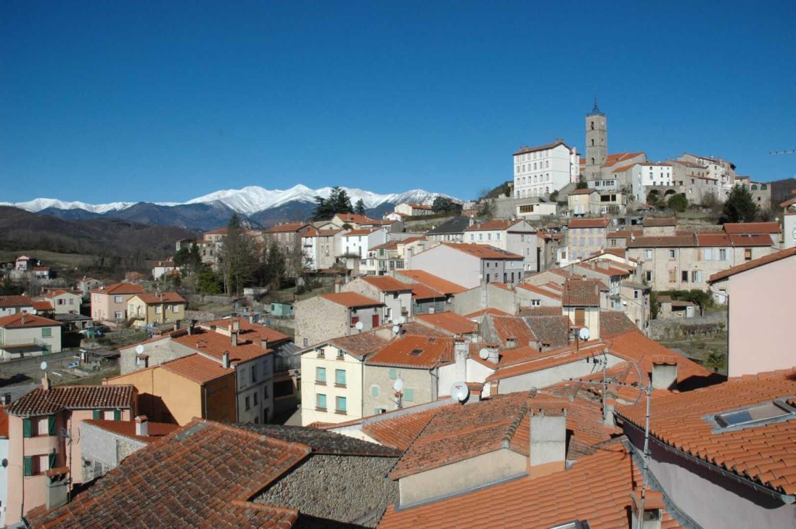 Una cittadina con edifici storici, una chiesa importante e montagne innevate sullo sfondo.