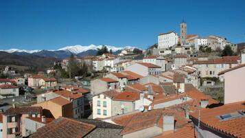 Una cittadina con edifici storici, una chiesa importante e montagne innevate sullo sfondo.