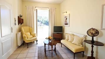 Un salon comprenant un canapé, un fauteuil, un téléviseur et une petite table sur laquelle est posé un vase.