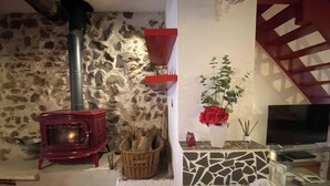 A cozy room with a stone wall, a red wood-burning stove, a wooden basket, a vase with red flowers, and a television.