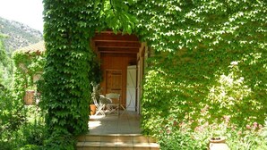 Un bâtiment rustique en bois, partiellement recouvert d’une végétation luxuriante et verdoyante.