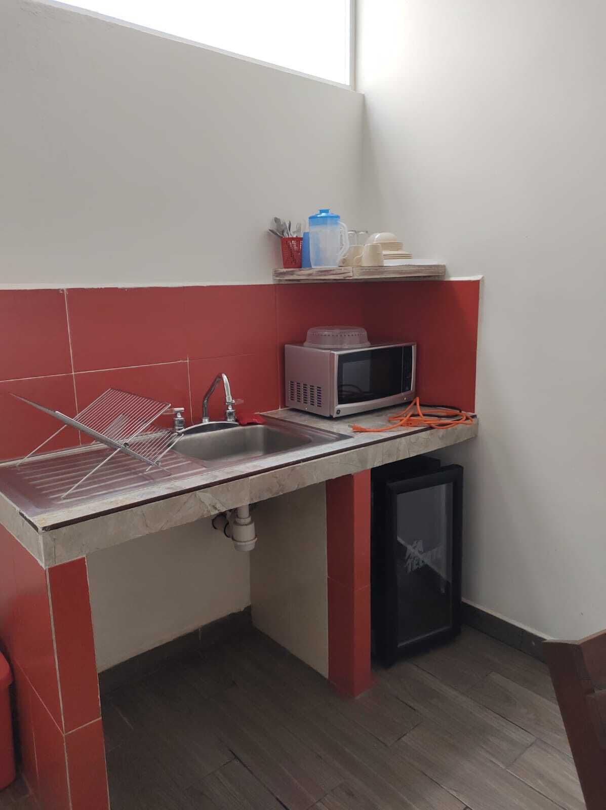 Una cucina compatta con lavandino, forno a microonde e piccolo frigorifero.