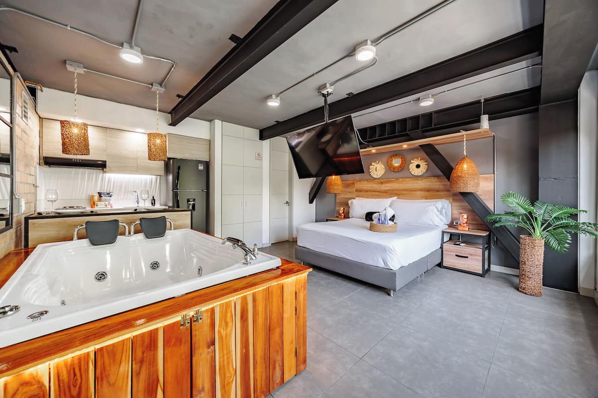 A modern bedroom with a large bed, a wooden cabinet, a TV, and a plant.