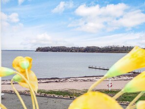 Un lac avec un quai, une plage de sable et une zone boisée en arriÚre-plan.