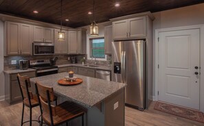 Fridge, microwave, oven, stovetop - NEW! Luxury Mountain View Cabin: Outdoor Fireplace w/ TV, Hot Tub (Morganton)