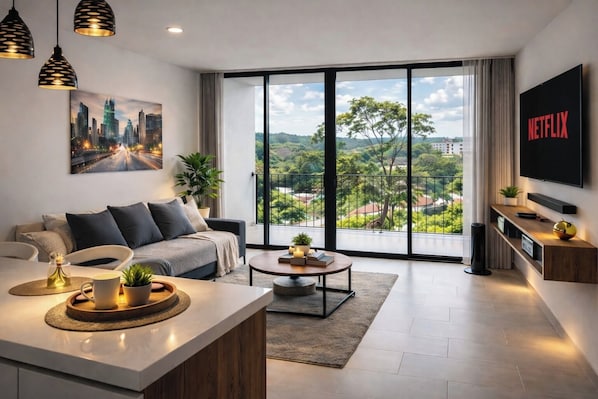 A modern living room with a sofa, coffee table, and a TV mounted on the wall.