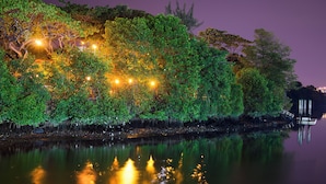 A nighttime view of a calm river with reflections of lights and trees. - Pachamac House (Guayaquil)