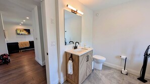 Hair dryer, towels, soap, shampoo