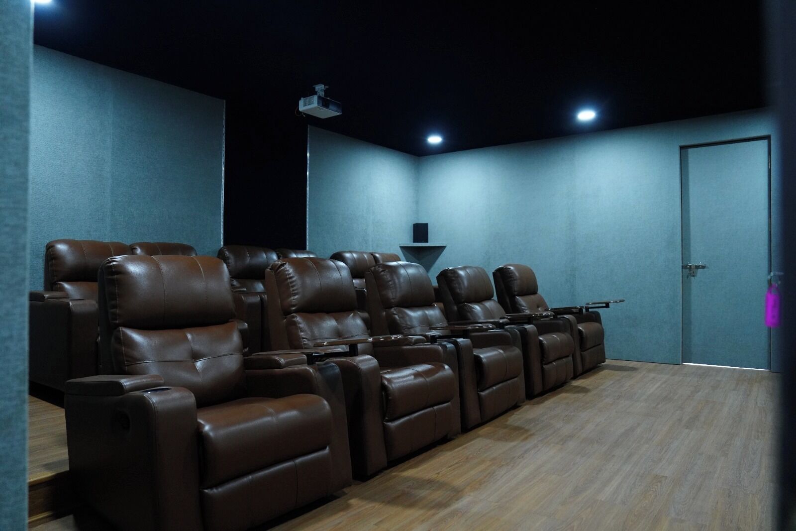 Ein Heimkino mit Ledersesseln, einem Projektor an der Decke und einer Tür, an der ein pinkes Objekt hängt.