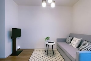 A living room with a grey sofa, a small round table with a plant, a flat-screen TV on a stand, and a patterned rug.