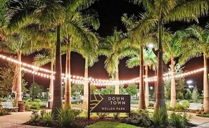 A sign for 'Down Town Wellen Park' with palm trees and string lights.