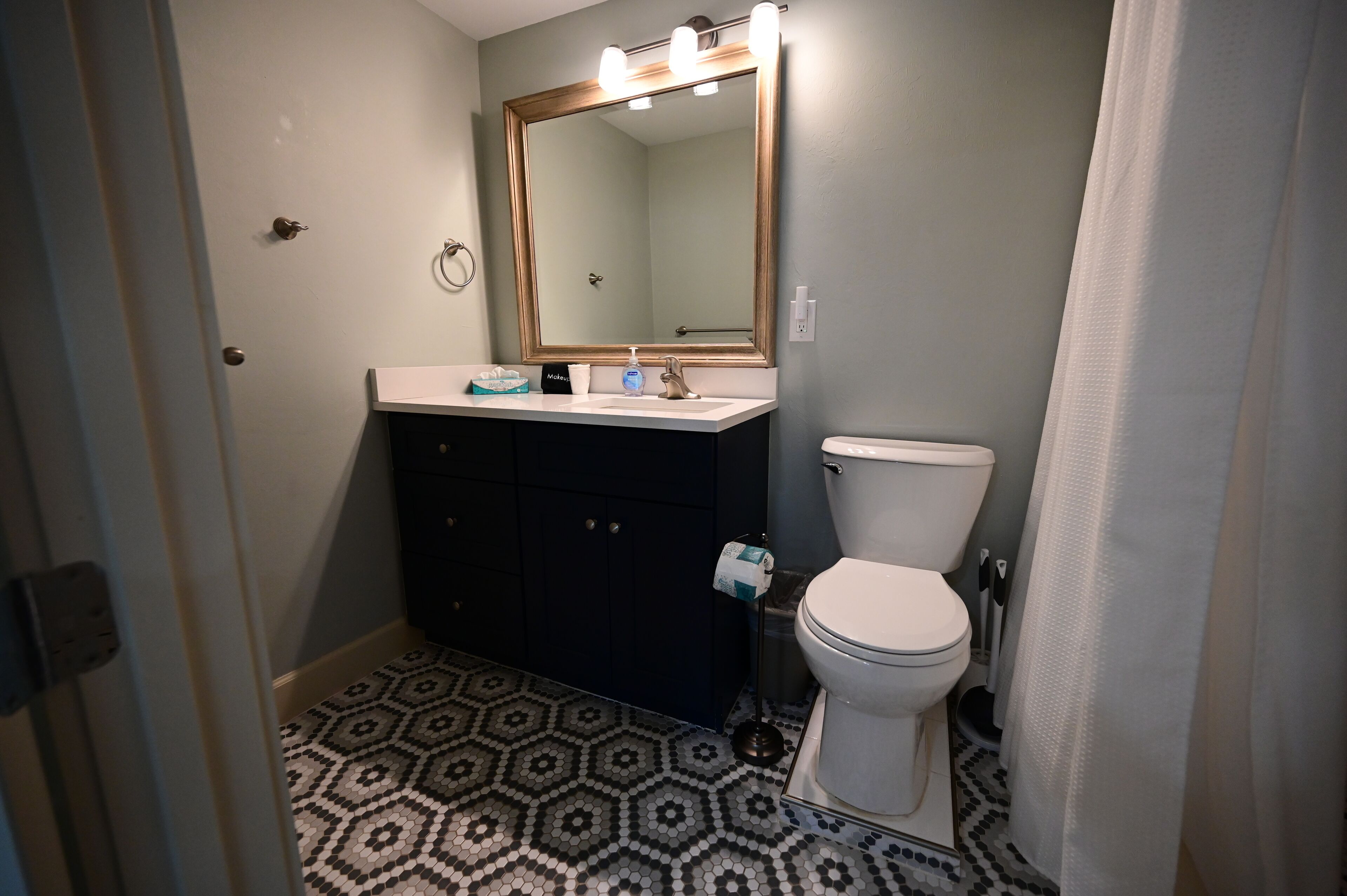 Hair dryer, towels, soap, toilet paper