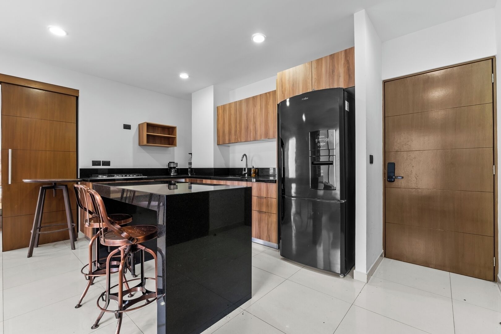 Fridge, microwave, dining tables