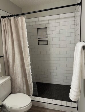 Shower, hair dryer, towels, toilet paper