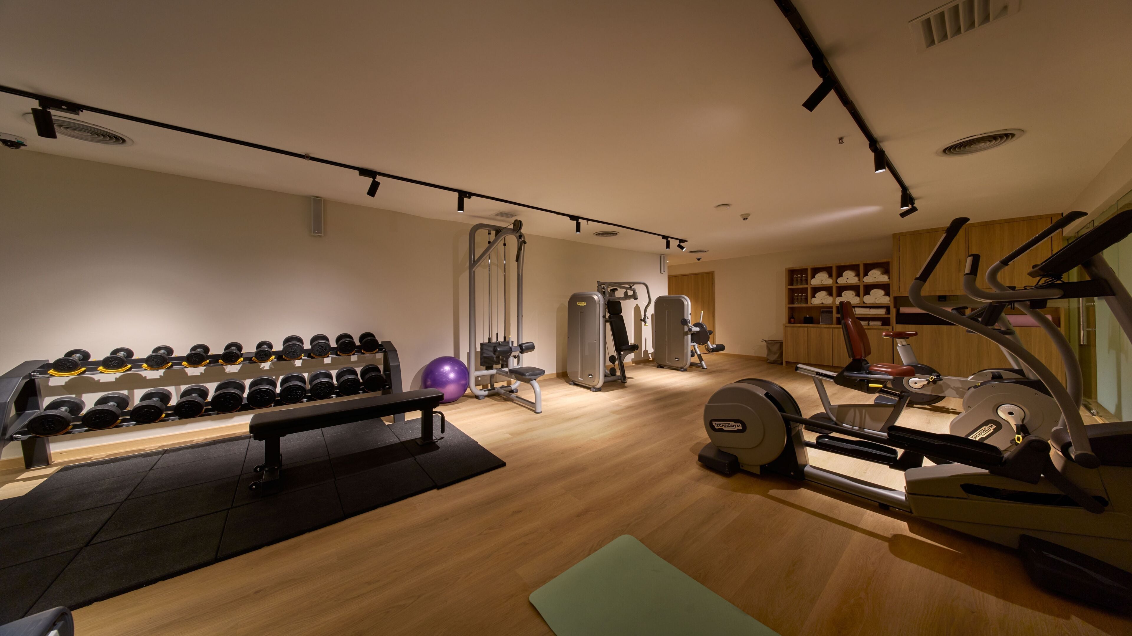 A gym with exercise equipment, a bench, and a wall-mounted dumbbell rack.