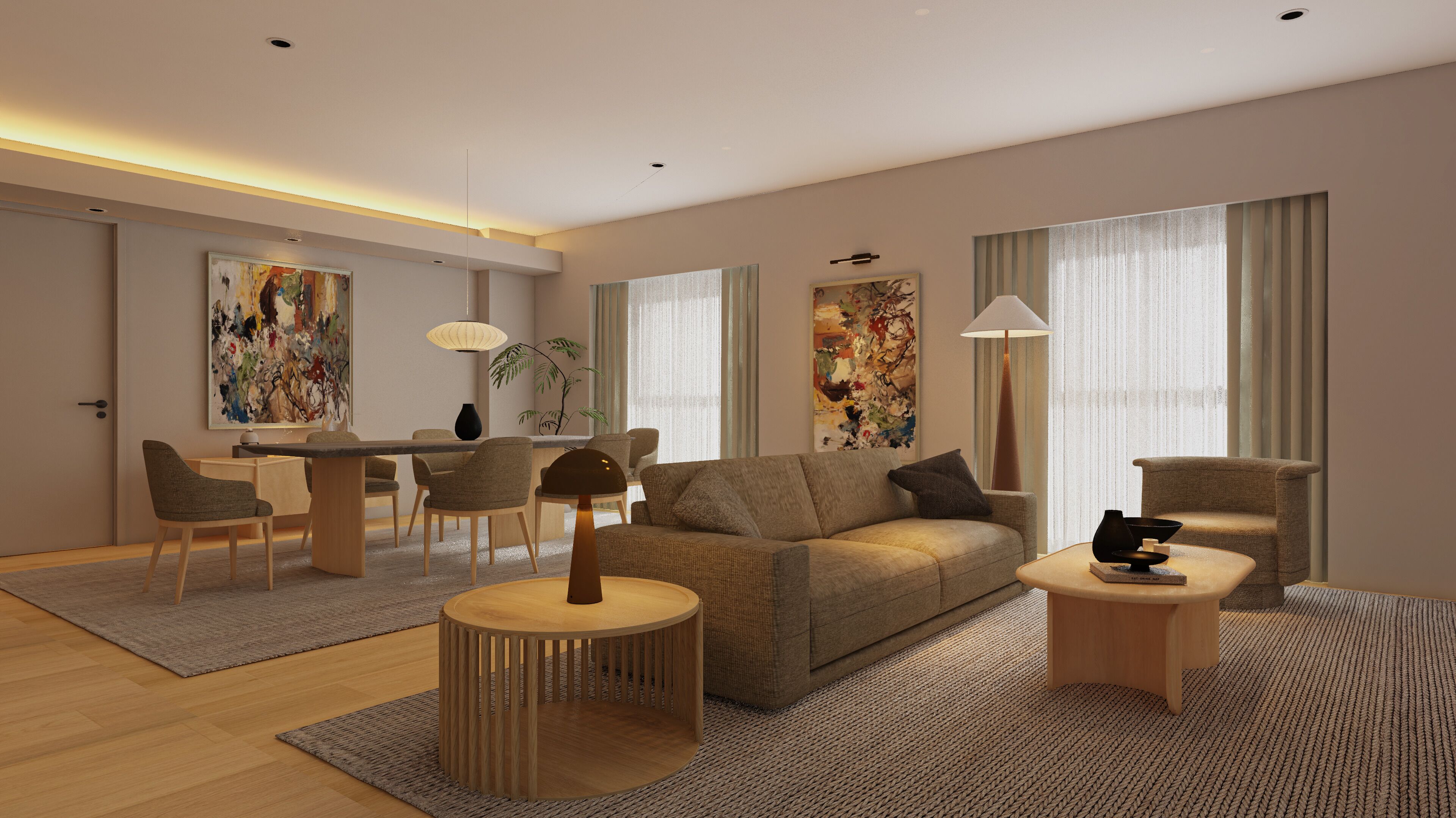 A modern living room with a sofa, coffee table, and dining area.