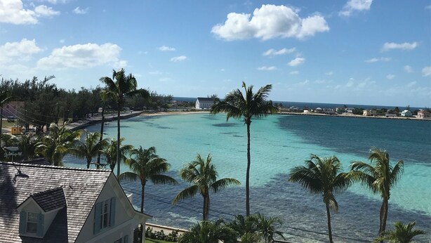 Vista sulla costa con acque turchesi, palme e un edificio bianco con tetto spiovente.