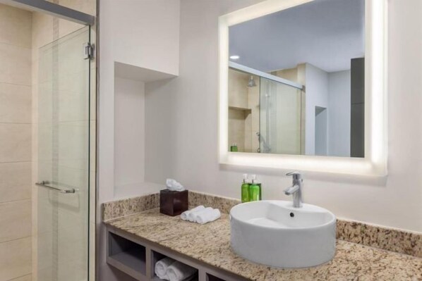 A bathroom with a glass shower enclosure, a white sink, a mirror with a light, and a towel rack. - Holiday Inn Express SAN JOSE FORUM by IHG (Pozos)