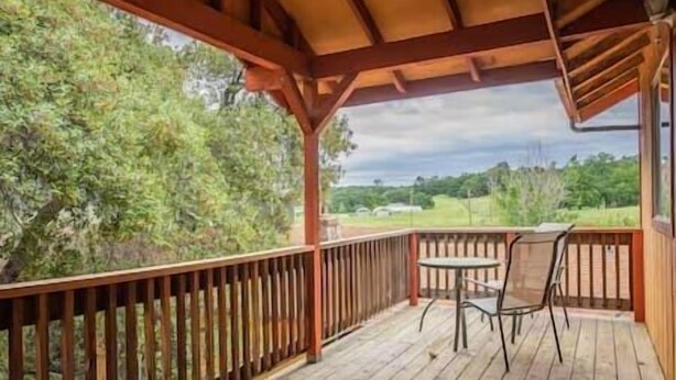 A wooden deck with a table and chairs, overlooking a green landscape.