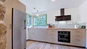 Eine moderne Küche mit Einbauofen, Kühlschrank und Fenster mit Blick auf Bäume.