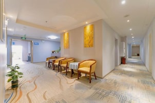 Un vestíbulo de hotel con mostrador de recepción, zona de estar con sillas y una alfombra estampada.