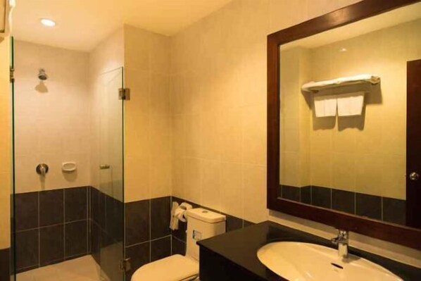 Une salle de bain avec une douche à parois de verre, des toilettes, un lavabo avec un miroir et un porte-serviettes.