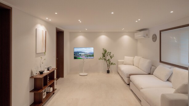A modern living room with a white sofa, a TV on a stand, a wooden shelf with decorative items, and a potted plant. - Harujae Myeongdong (Seoul)
