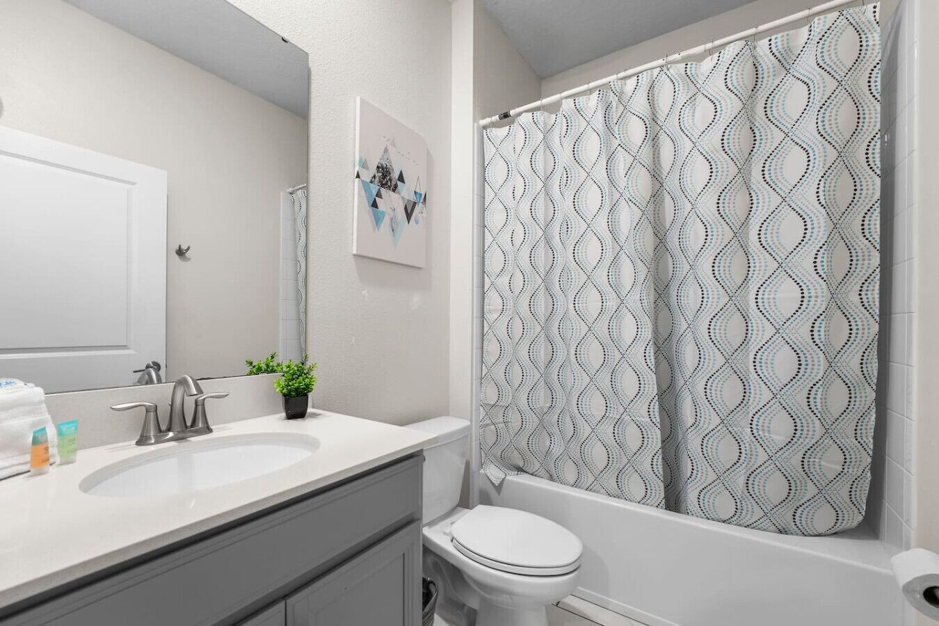 Une salle de bain avec un lavabo blanc, un miroir et des toilettes, un rideau de douche à motifs géométriques et une petite plante en pot posée sur le comptoir.