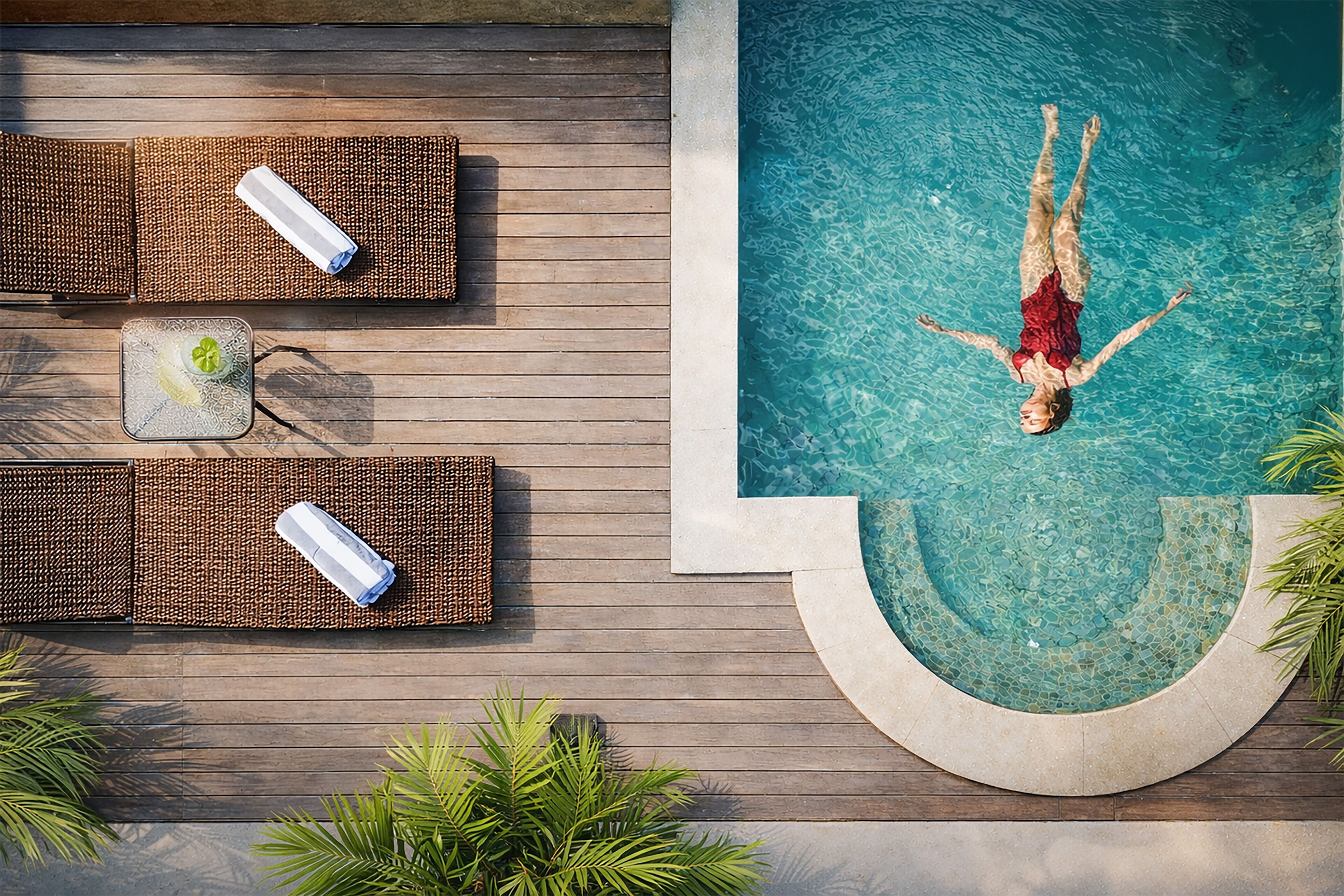 Una piscina con una persona nadando, sillas de descanso y una mesa pequeña con una bebida.