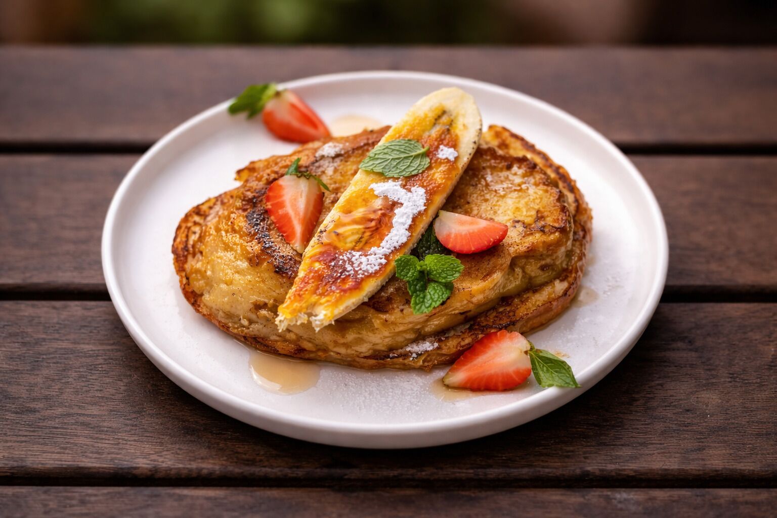 En tallrik med pannkakor, toppad med jordgubbar och mynta, står på ett träbord.