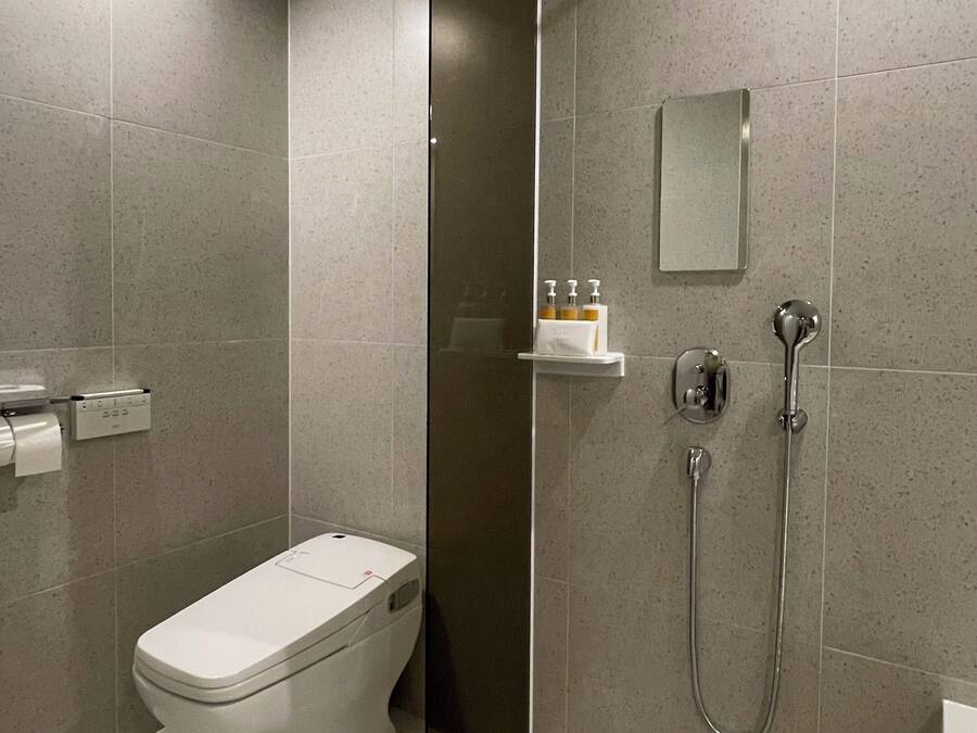 A modern bathroom with a toilet, a shower, and a sink.