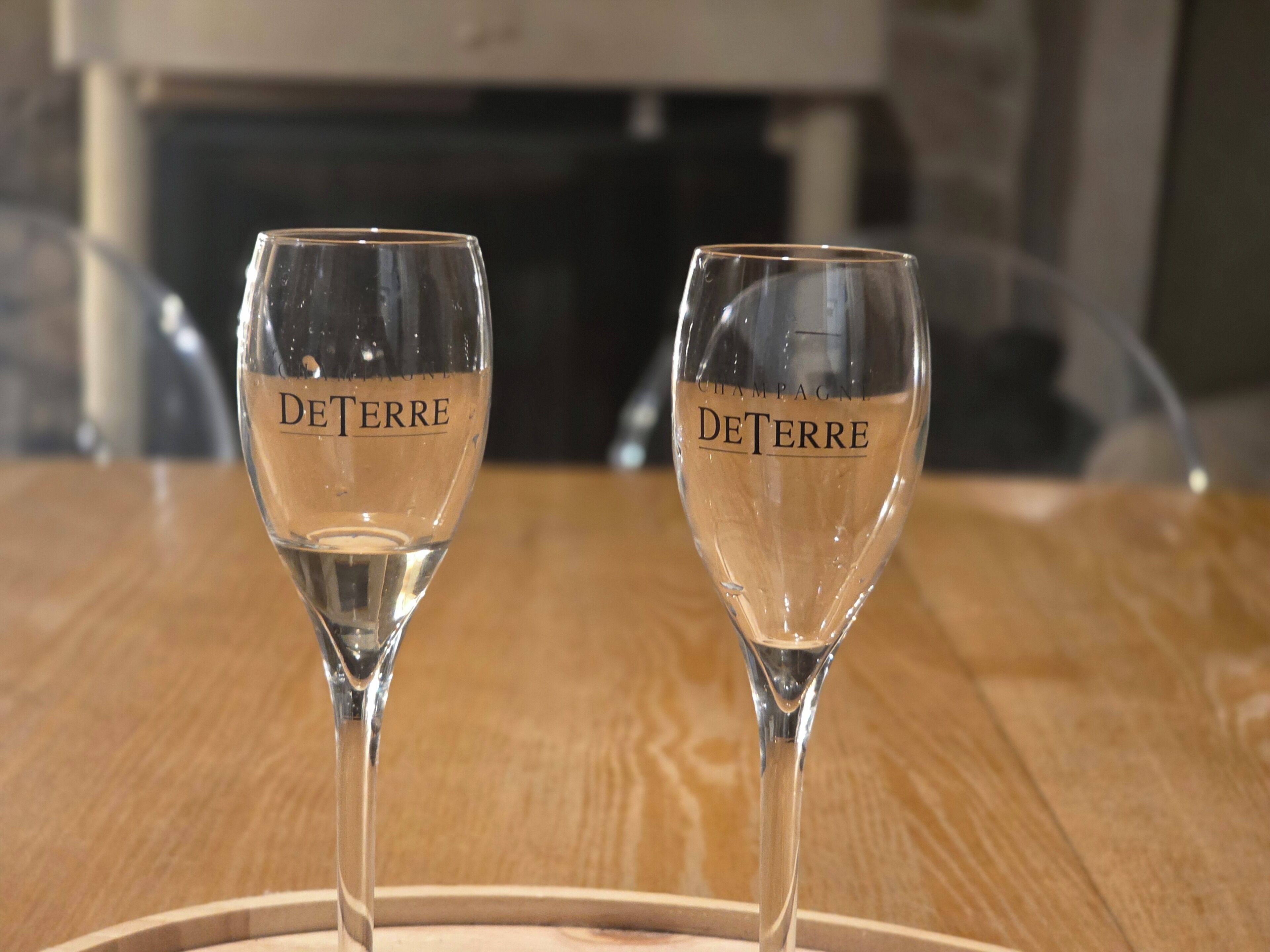 Dos copas de vino vacías con el nombre de marca "DeTerre" sobre una mesa de madera.